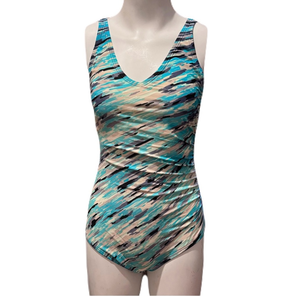 Speedo Turquoise Black Gray Abstract One Piece Bathing Suit Size 10